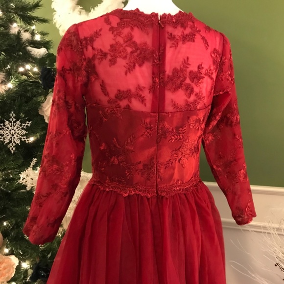 Sale 🎄Formal evening Red tulle with 3/4 sleeves Holiday dress - Picture 4 of 8